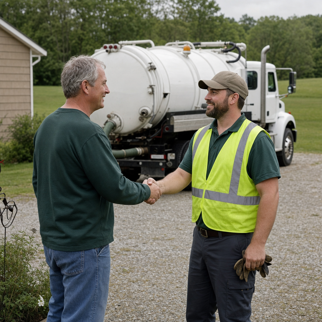A septic technician shaking a Bel Air South homeowner's hand beside the service truck after a completed pump-out