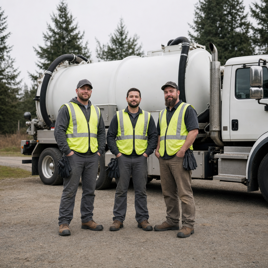 The Bel Air South septic pumping crew standing together beside their clean white vacuum truck on a residential street