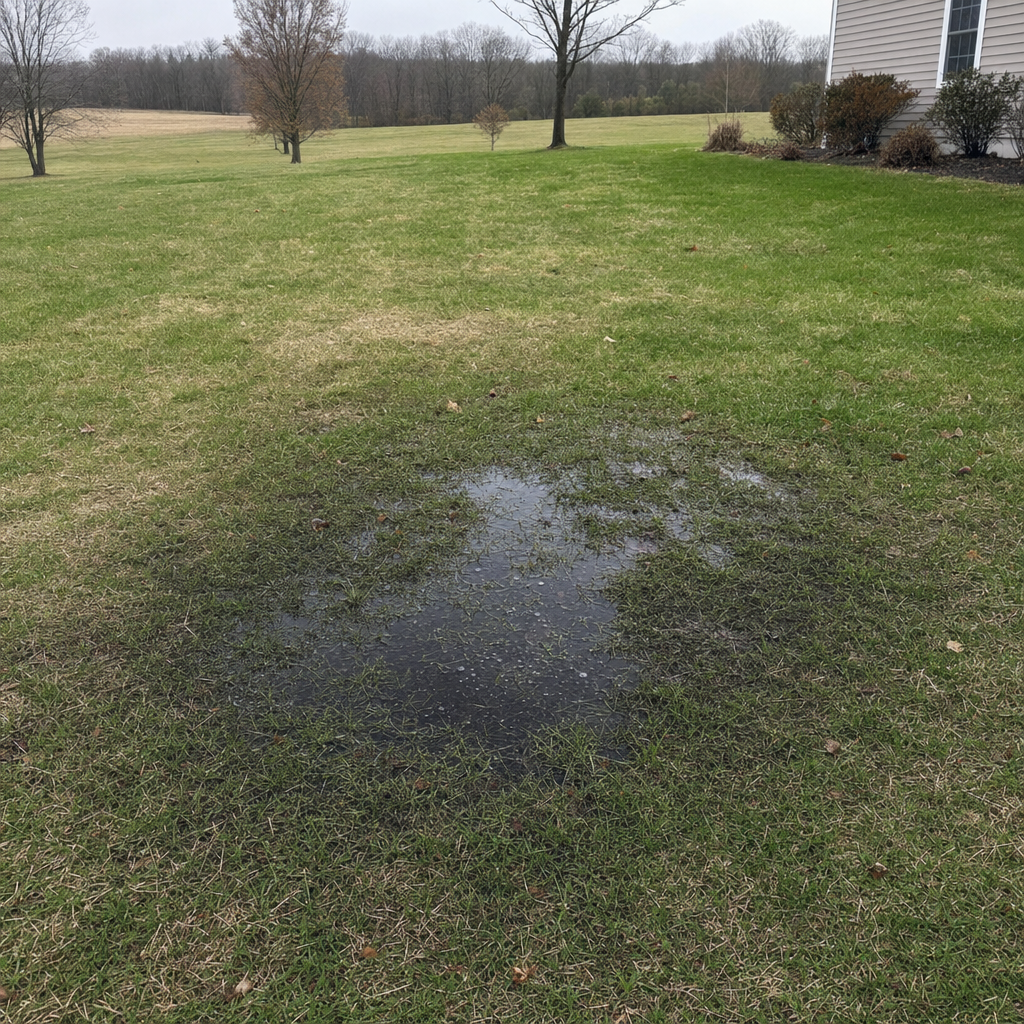 A dark, saturated wet spot in a Bel Air South backyard lawn marking a failing cesspool at capacity