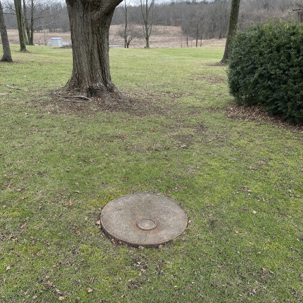 An older round cesspool access lid set flush in an established, mature Bel Air South backyard lawn