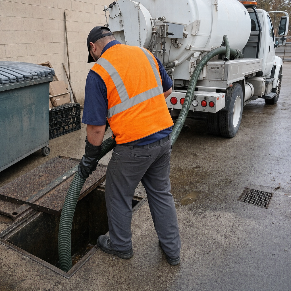 Technician pumping a grease trap behind a Bel Air South restaurant
