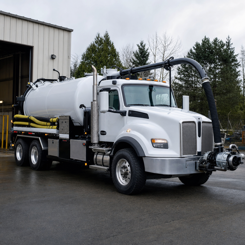 A clean white septic vacuum truck rolling out of a tidy Bel Air South service depot at the start of the day