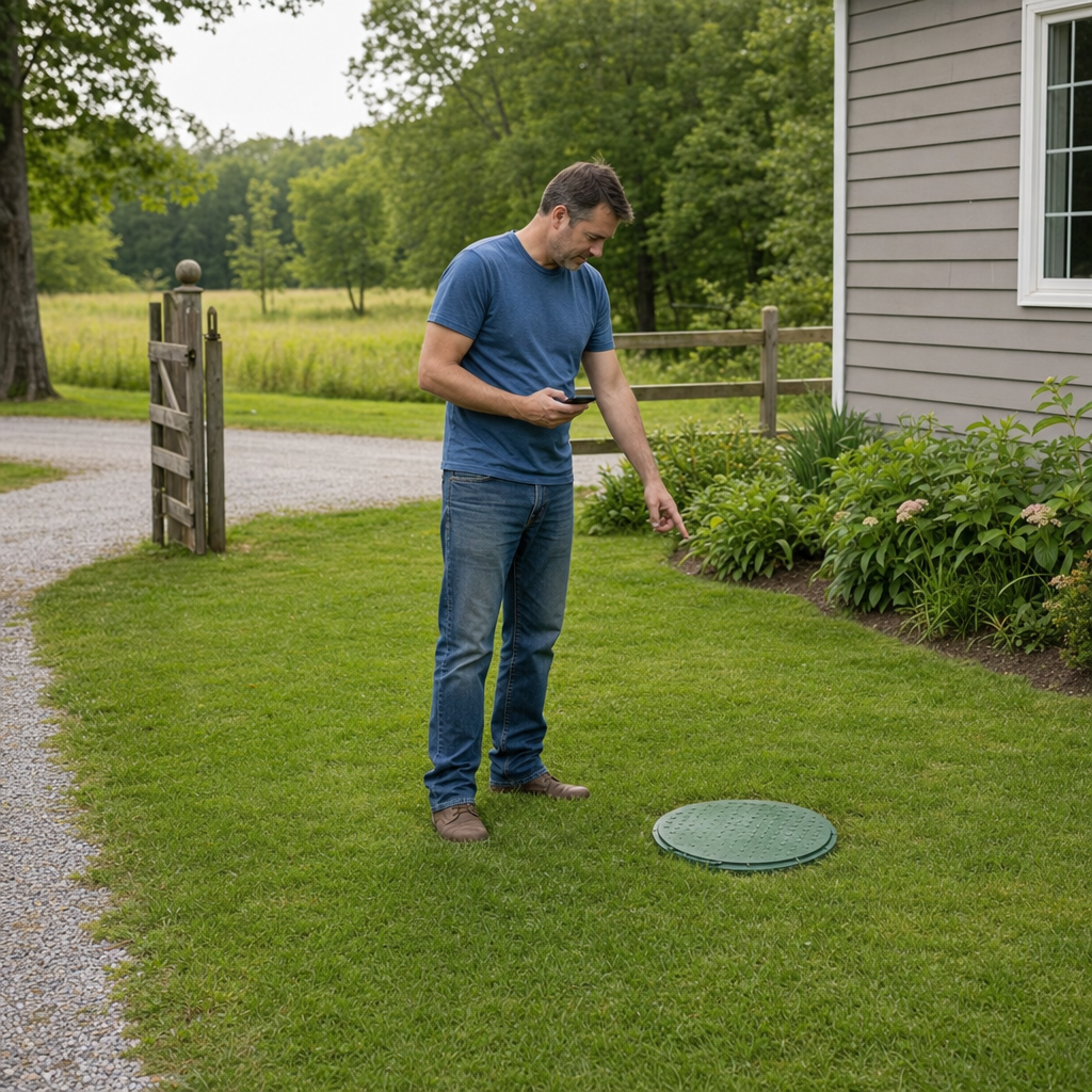 A Bel Air South-area homeowner standing in the backyard noting where the septic tank lid and access route are located