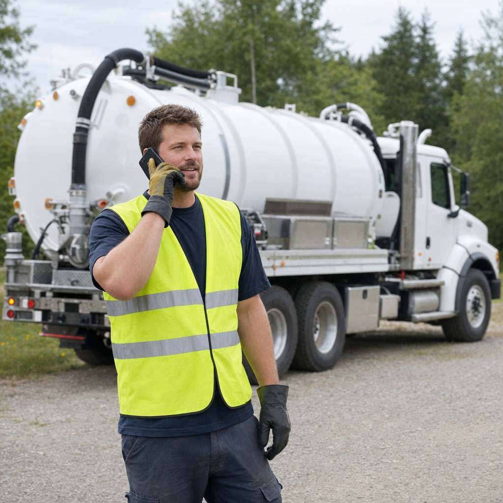 A friendly septic dispatcher holding a phone, ready to answer a Bel Air South homeowner's call about a pump-out