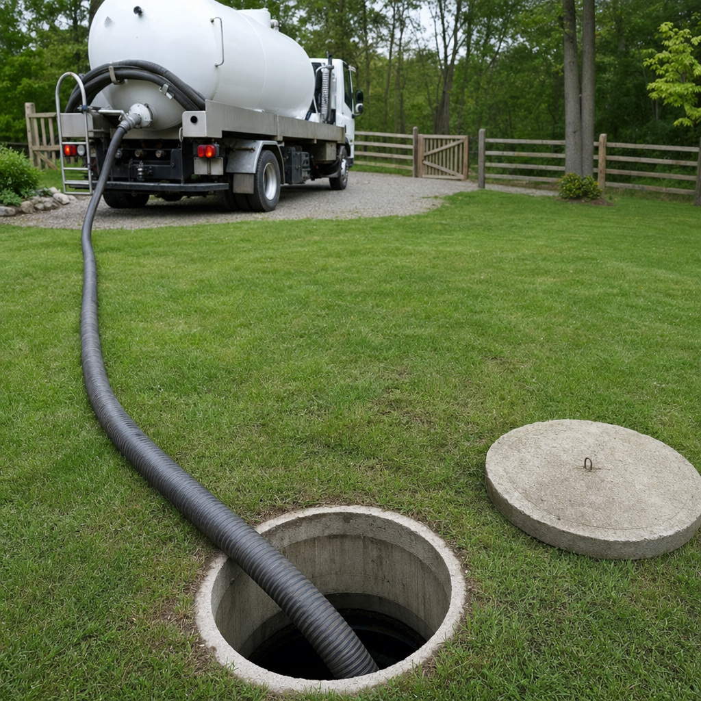 Suction hose connected to an open septic tank, drawing it down in a tidy Bel Air South yard