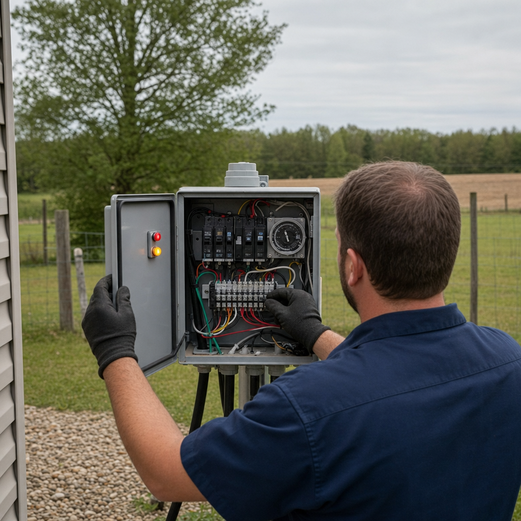 Technician checking an aerobic septic control box with a lit red high-water alarm during a same-day Bel Air South visit