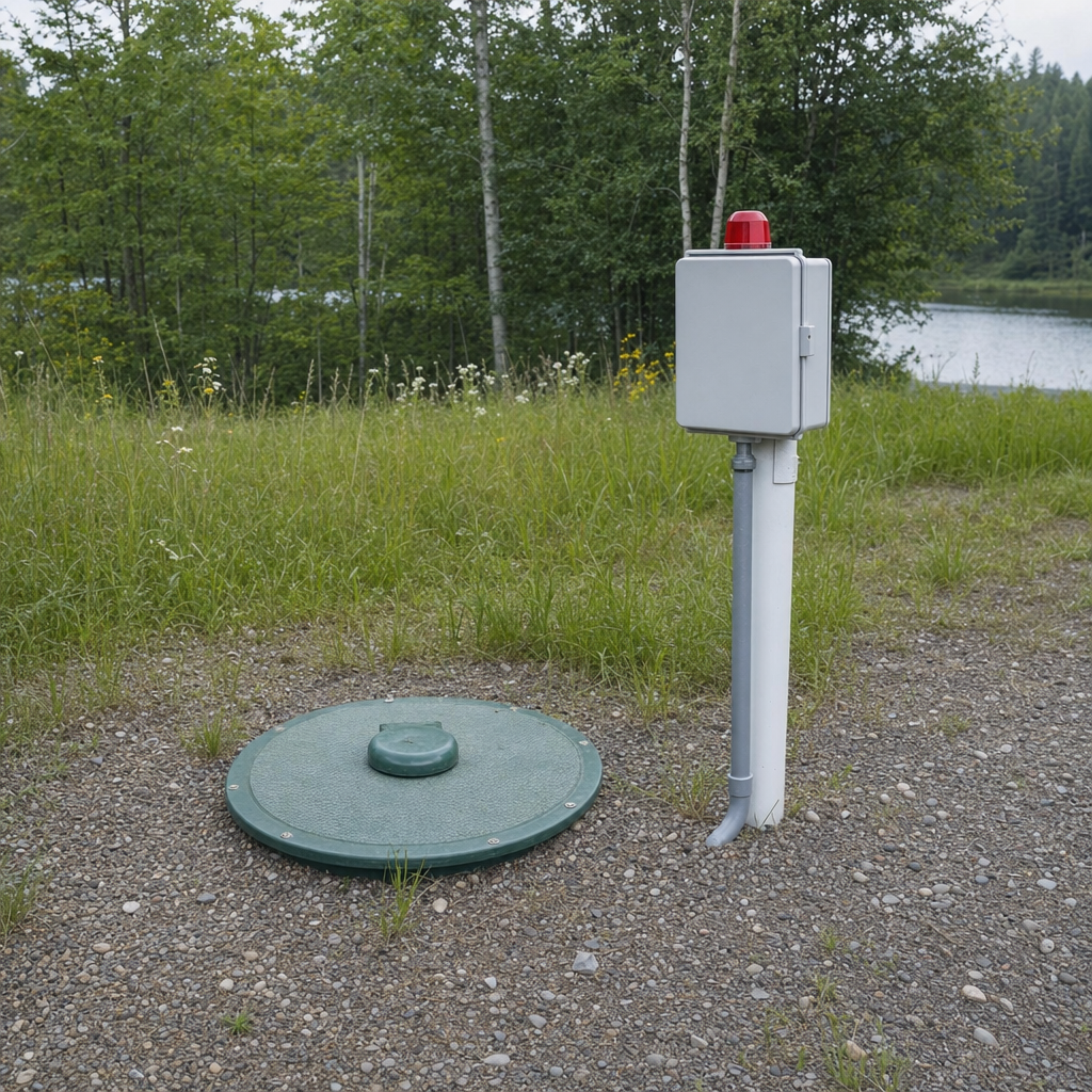 A wastewater holding tank access lid set in the ground at a rural Bel Air South-area cabin, with a mounted high-level float alarm panel nearby