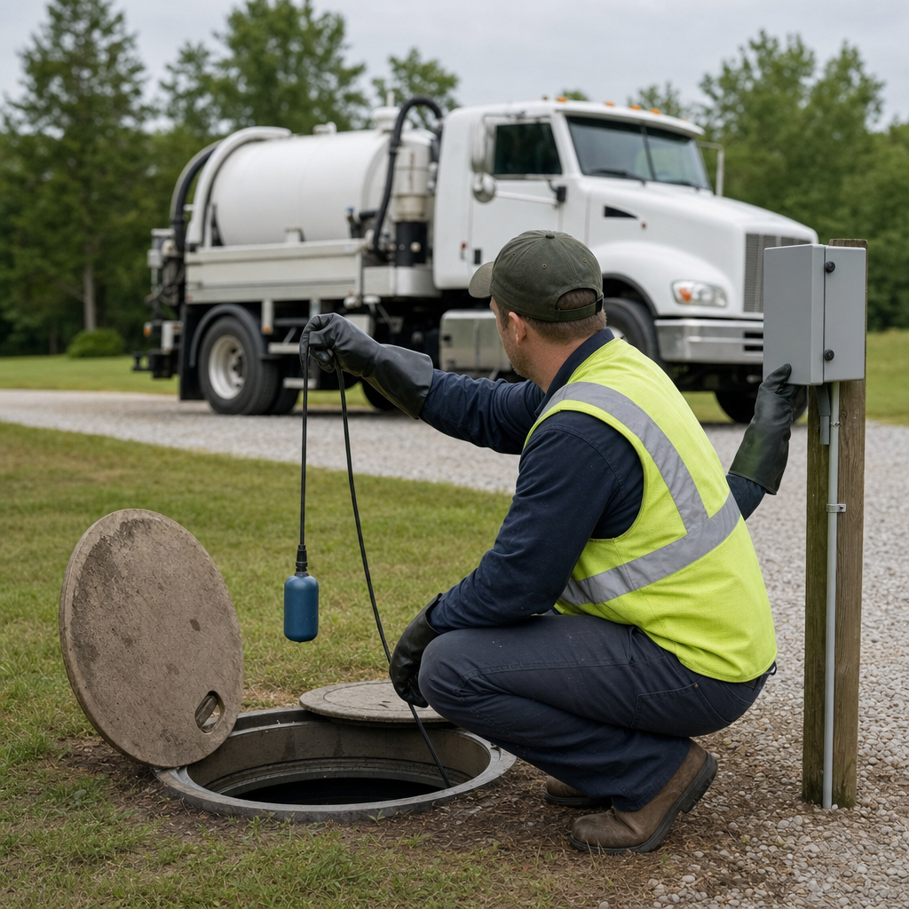 A septic technician in a high-visibility vest checking a high-level float switch and alarm panel on a holding tank at a rural Bel Air South-area site