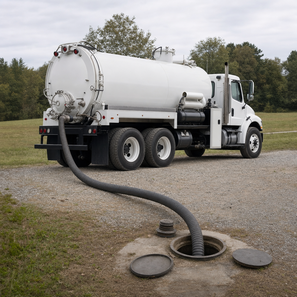 An unmarked white vacuum truck emptying a wastewater holding tank on a scheduled visit at a rural Bel Air South-area property, thick suction hose running to the tank lid