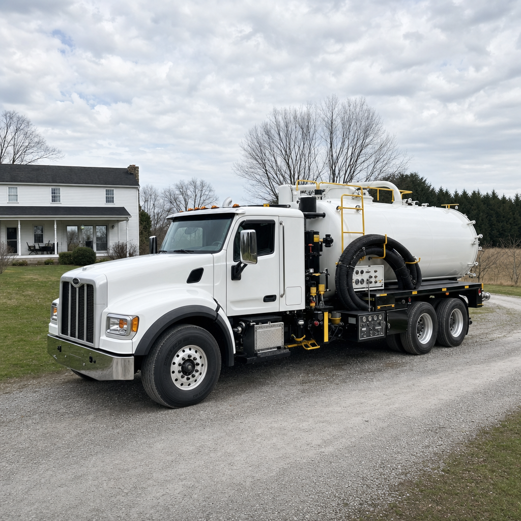 A clean white septic vacuum truck parked on a tidy Bel Air South driveway with the suction hose neatly coiled