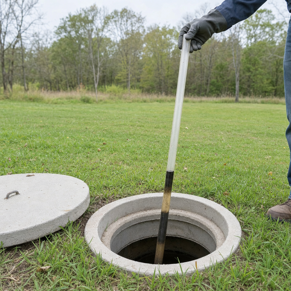 A septic sludge-judge measuring stick lowered into an open Bel Air South septic tank to read the depth of the sludge and scum layers before deciding whether a pump-out is due
