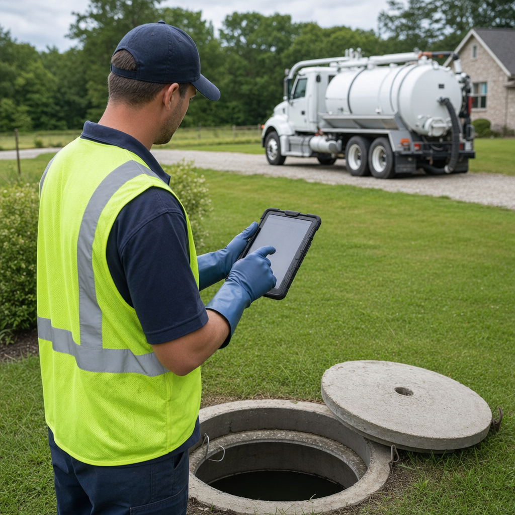 A septic technician recording a Bel Air South home's pump-out date and tank condition on a tablet beside an open access lid, tracking the service history that sets the next due date