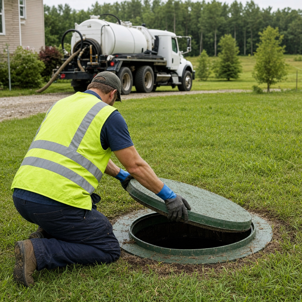 Septic technician kneeling on a Bel Air South lawn, lifting the access lid on a residential septic tank