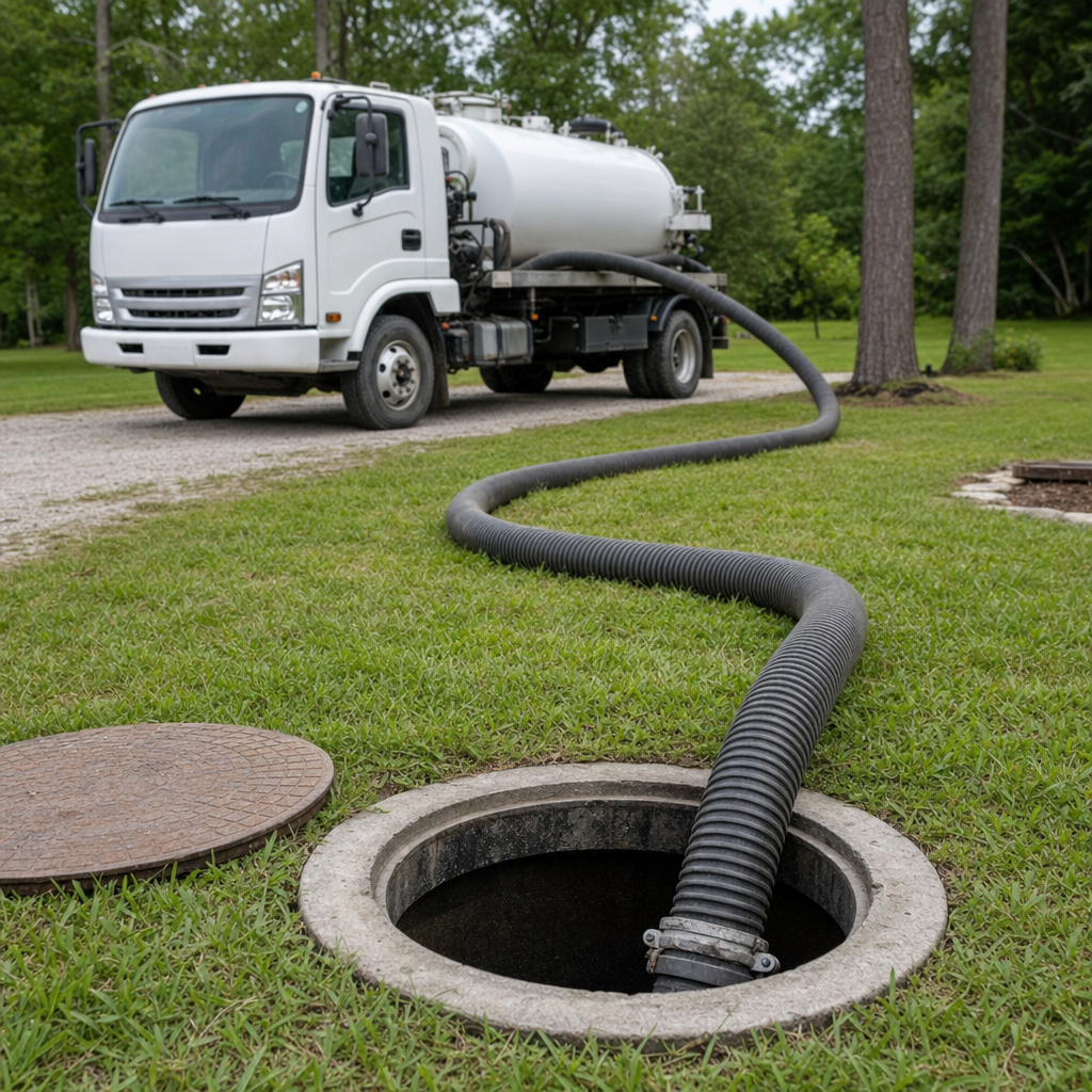 Thick ribbed suction hose lowered into a clean open septic tank port on a tidy Bel Air South backyard lawn