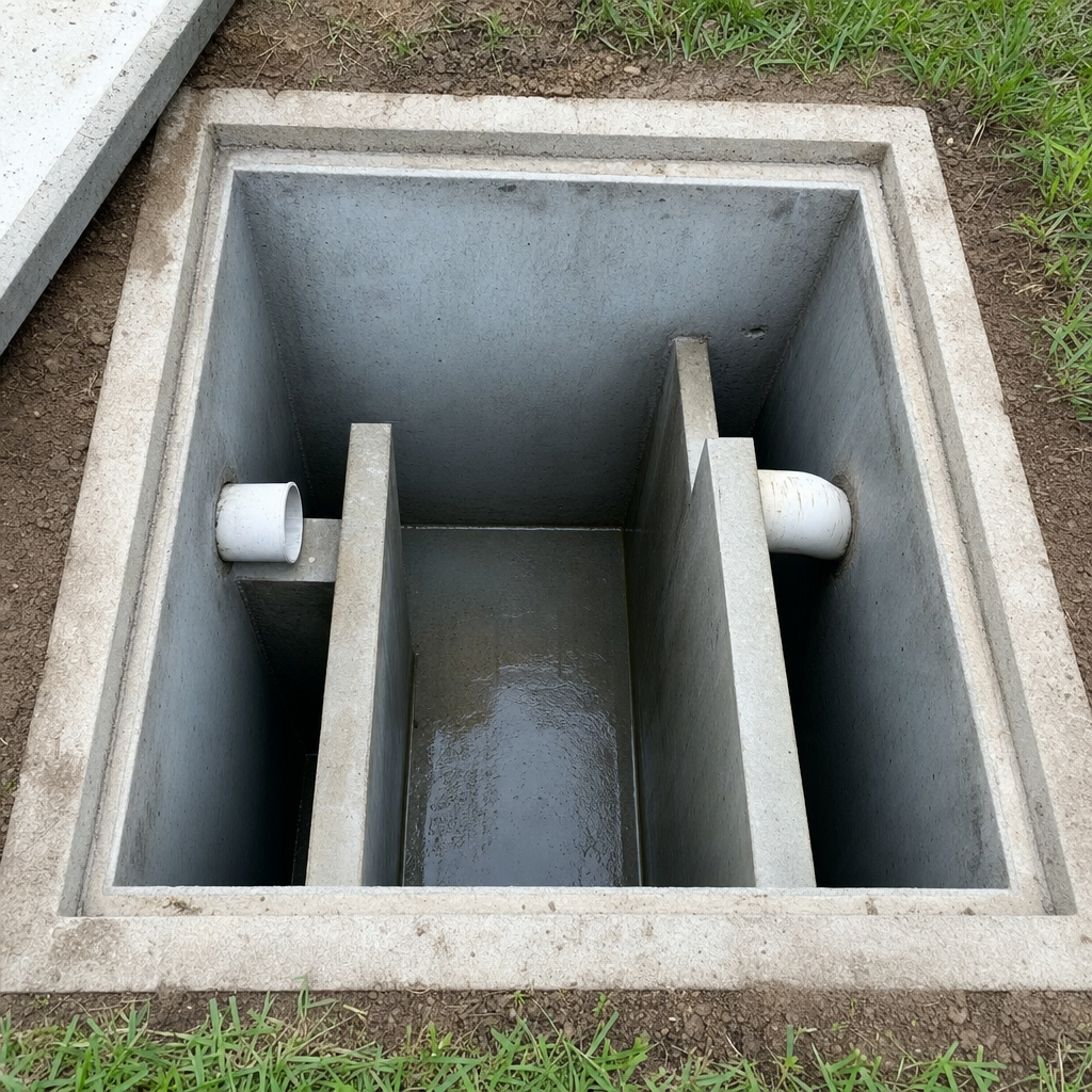 Inspection of the concrete baffles inside an open, emptied and freshly cleaned Bel Air South septic tank