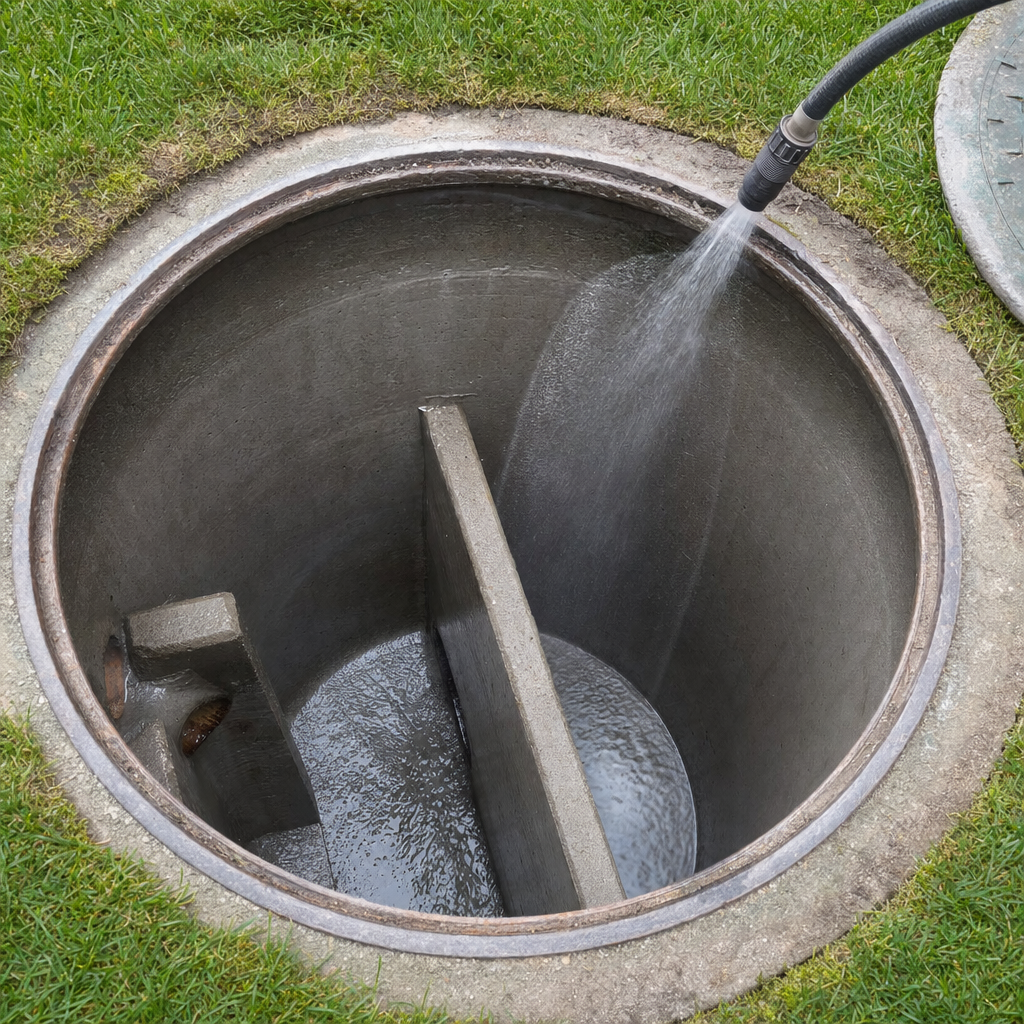 Interior concrete walls of an emptied Bel Air South septic tank being rinsed clean with the truck's onboard water hose
