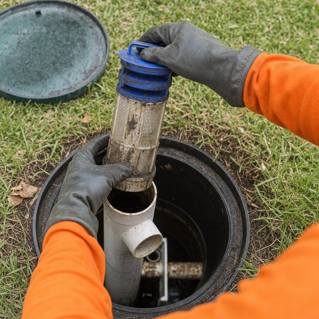 Septic technician's gloved hands lifting the effluent filter cartridge out of the outlet housing on a Bel Air South septic tank