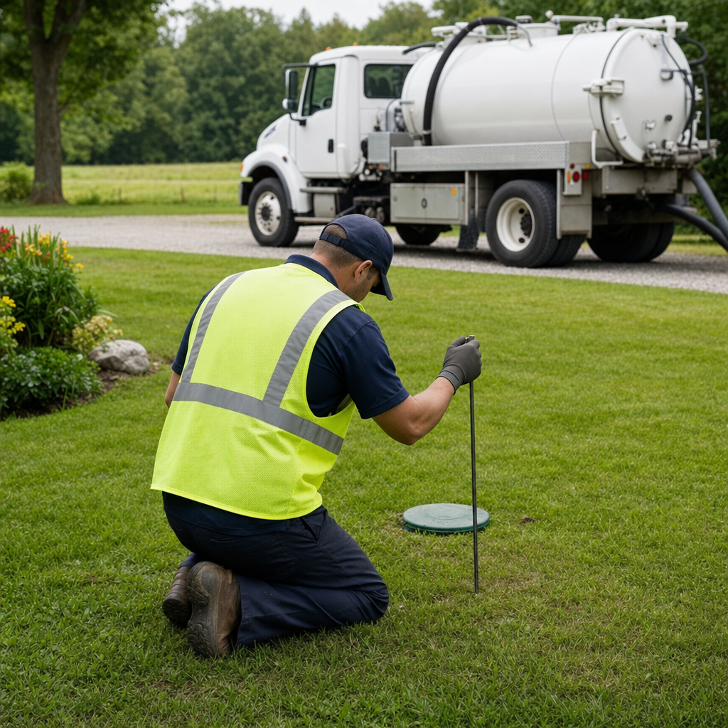 Septic technician kneeling on a Bel Air South lawn, probing to locate and measure the depth of a buried septic tank lid before pumping