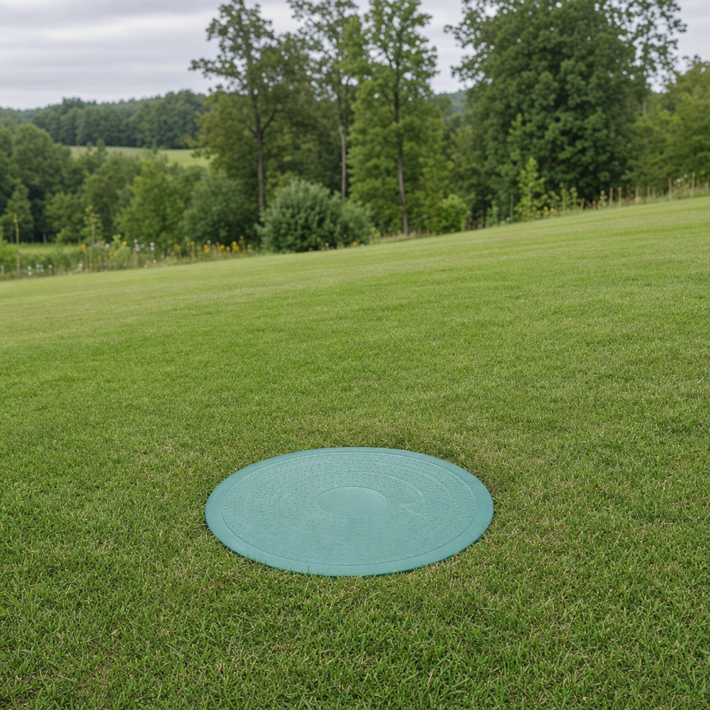 A newly installed septic riser bringing the tank lid up flush to grade in a Bel Air South yard for easy future access