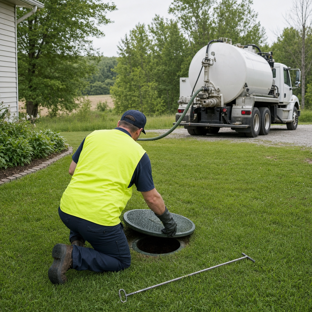 Septic technician kneeling on a Bel Air South lawn, lifting the buried access lid on a residential septic tank
