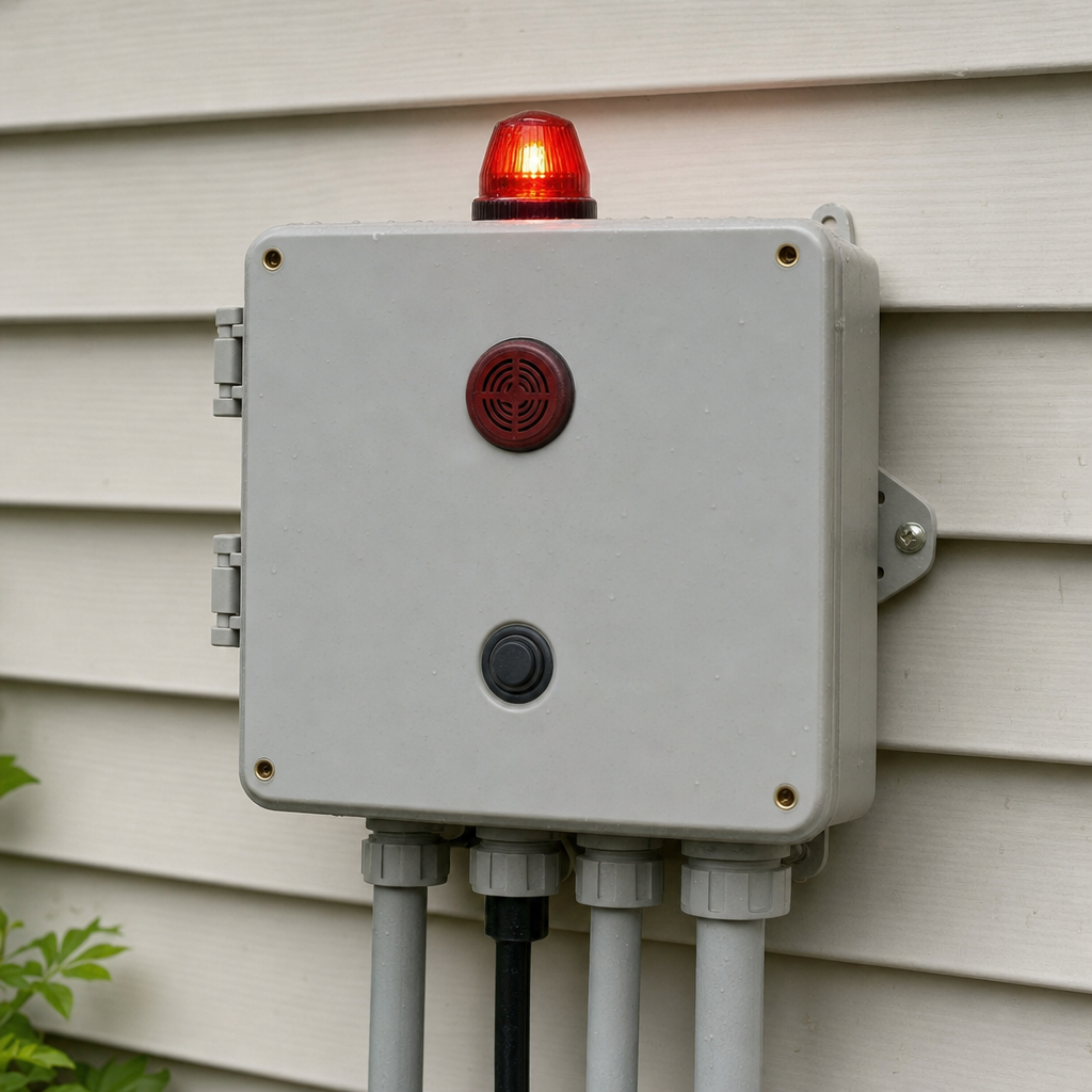 An aerobic septic system control panel mounted outside a Bel Air South home with its red high-water alarm light lit