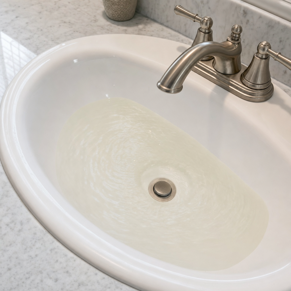 A bathroom sink draining slowly with water pooled in the basin, an early warning sign that a Bel Air South septic tank is full